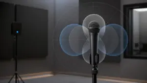 Professional handheld microphone with visualized pickup pattern lobes in an acoustic test room