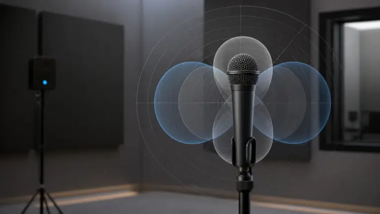 Professional handheld microphone with visualized pickup pattern lobes in an acoustic test room
