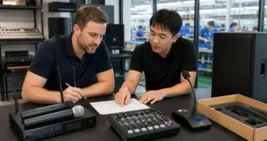 International B2B buyer reviewing professional audio equipment with a sourcing coordinator in Enping, China