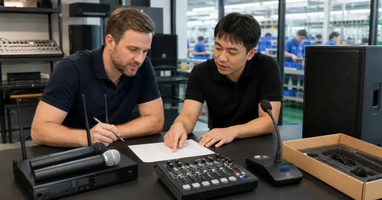 International B2B buyer reviewing professional audio equipment with a sourcing coordinator in Enping, China