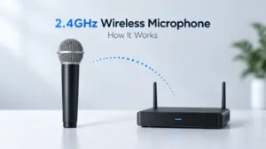 Conceptual illustration of a handheld 2.4GHz wireless microphone linked to a matching tabletop receiver.