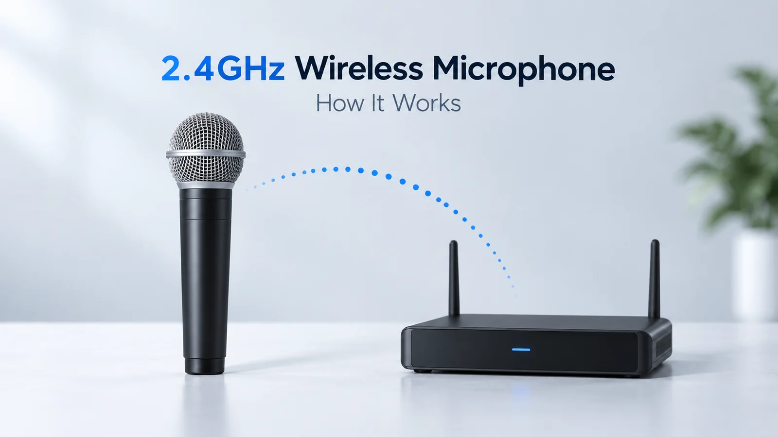 Conceptual illustration of a handheld 2.4GHz wireless microphone linked to a matching tabletop receiver.