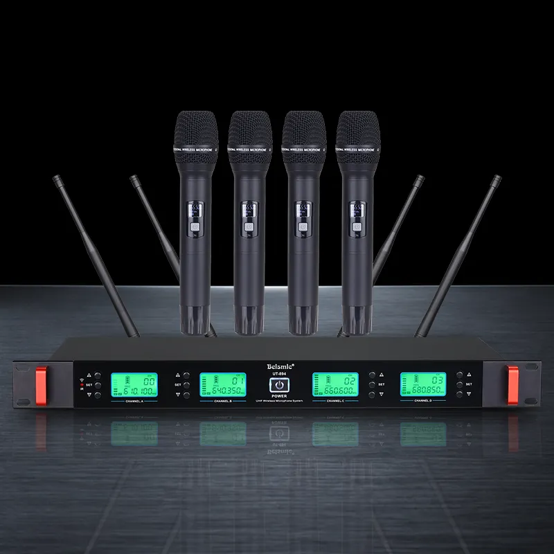 894 receiver with  4 black handheld wireless microphones