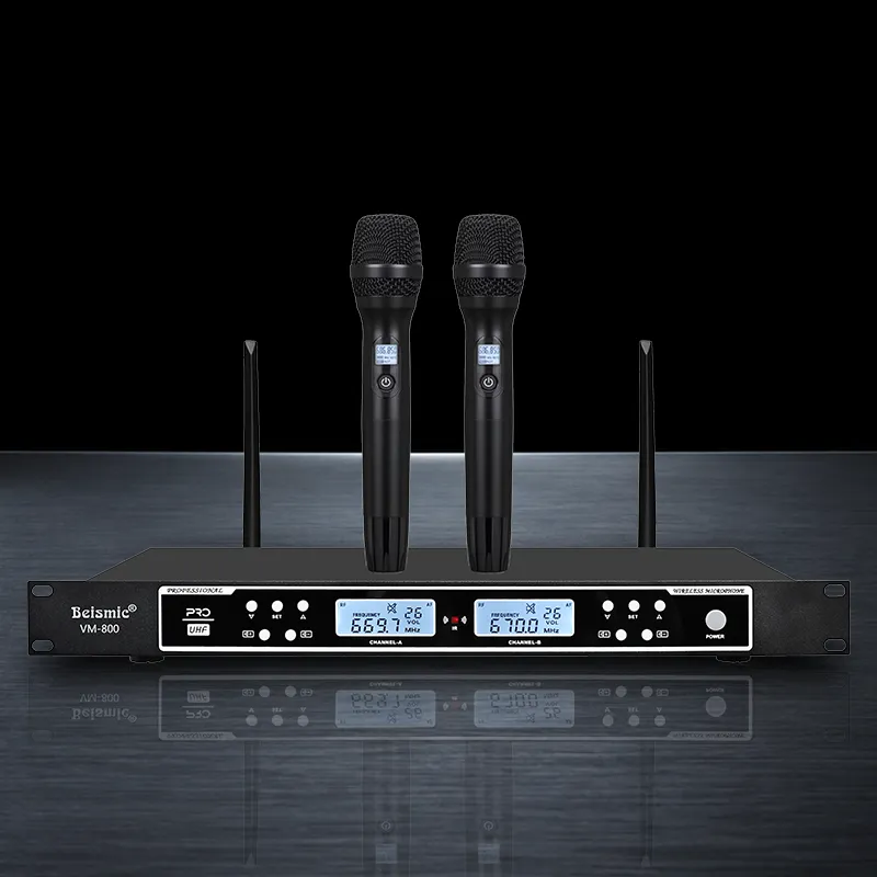 VM800 receiver with two black handheld wireless microphones