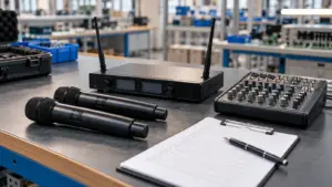Unbranded wireless microphones, a receiver, an audio mixer and an inspection checklist on a workbench.