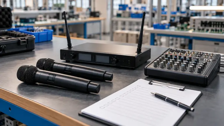 Unbranded wireless microphones, a receiver, an audio mixer and an inspection checklist on a workbench.