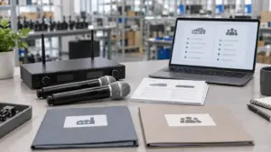 Wireless microphone samples, a receiver and comparison documents on a procurement desk.