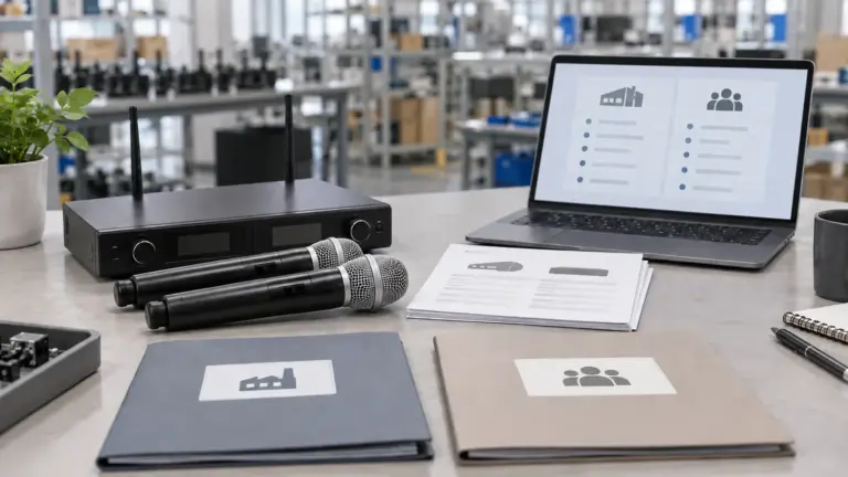 Wireless microphone samples, a receiver and comparison documents on a procurement desk.