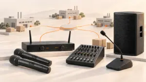 Concept illustration of audio equipment and connected supplier facilities in Enping