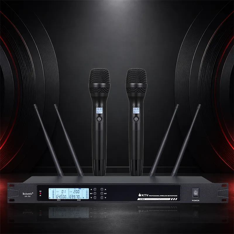 UR702 receiver with two black handheld microphones on a dark presentation background