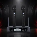 BEISMIC VM300 dual handheld wireless microphone system on a dark background