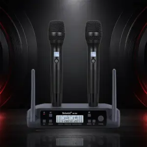 BEISMIC VM300 dual handheld wireless microphone system on a dark background