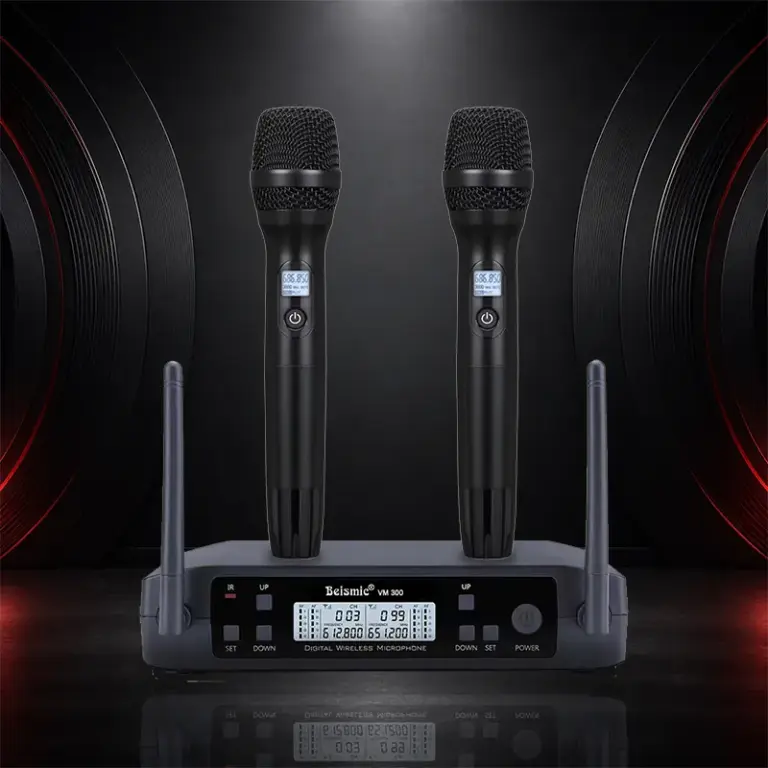 BEISMIC VM300 dual handheld wireless microphone system on a dark background
