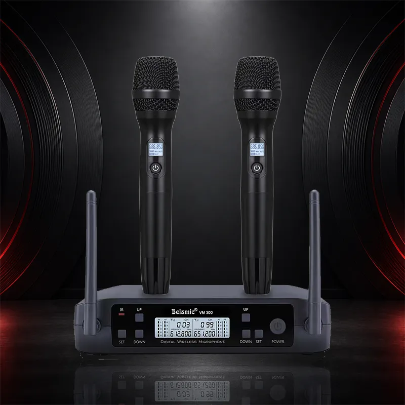 BEISMIC VM300 dual handheld wireless microphone system on a dark background