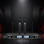 VM800 dual handheld wireless microphone on a dark presentation background