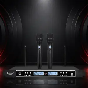 VM800 dual handheld wireless microphone on a dark presentation background