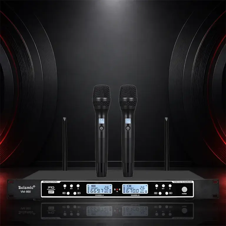 VM800 dual handheld wireless microphone on a dark presentation background