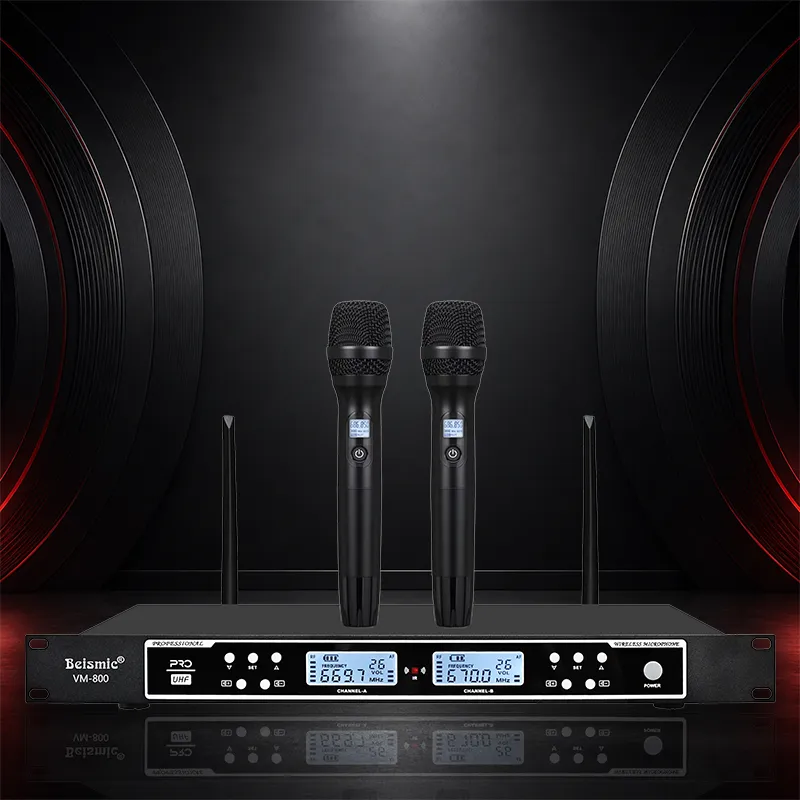 VM800 dual handheld wireless microphone on a dark presentation background