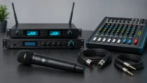 Wireless microphone, receiver, vocal effects processor, mixer and audio cables arranged for a setup guide.