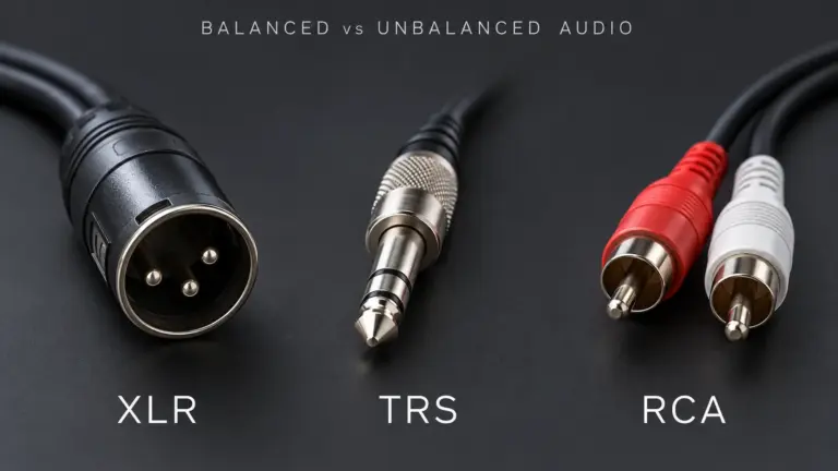 Three-pin XLR, 6.35 mm TRS and red-and-white RCA audio connectors on a dark background.