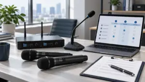 Wireless microphones, a receiver and a conference microphone beside a supplier comparison screen and procurement checklist