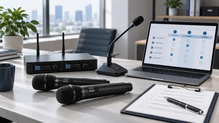 Wireless microphones, a receiver and a conference microphone beside a supplier comparison screen and procurement checklist