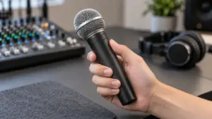 A hand holding a handheld microphone by its body, with a mixer and headphones in the background