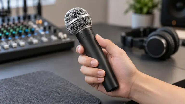 A hand holding a handheld microphone by its body, with a mixer and headphones in the background