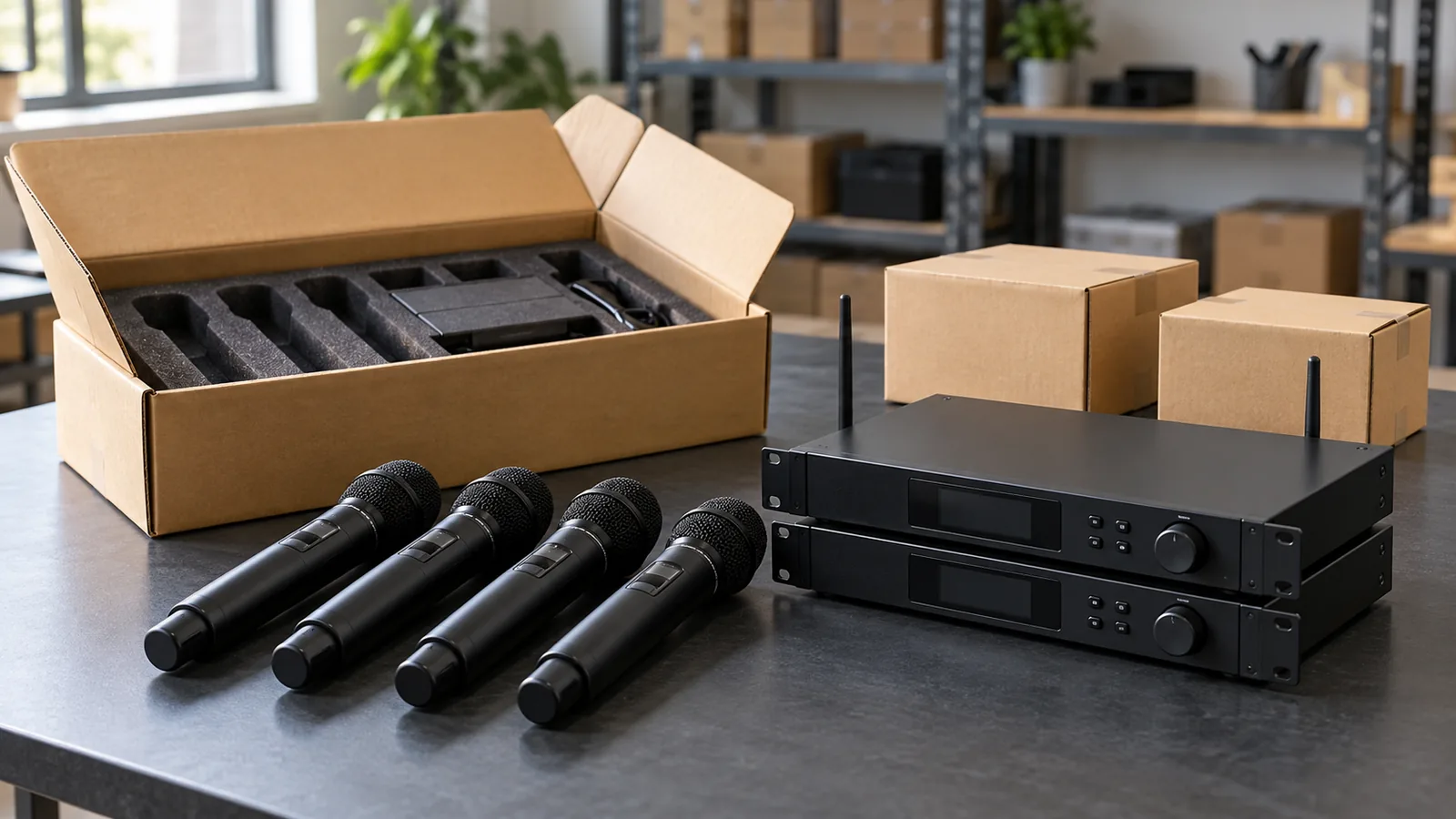 Small batch of wireless microphones and receivers beside neutral shipping cartons