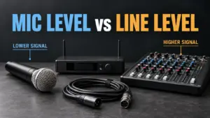 Wired microphone, wireless receiver and mixer illustrating mic level versus line level.