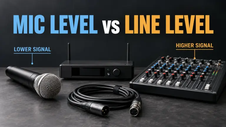 Wired microphone, wireless receiver and mixer illustrating mic level versus line level.