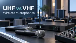 Two wireless handheld microphones and a receiver on an AV table in a conference venue.