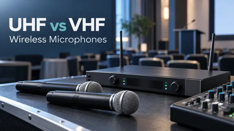 Two wireless handheld microphones and a receiver on an AV table in a conference venue.
