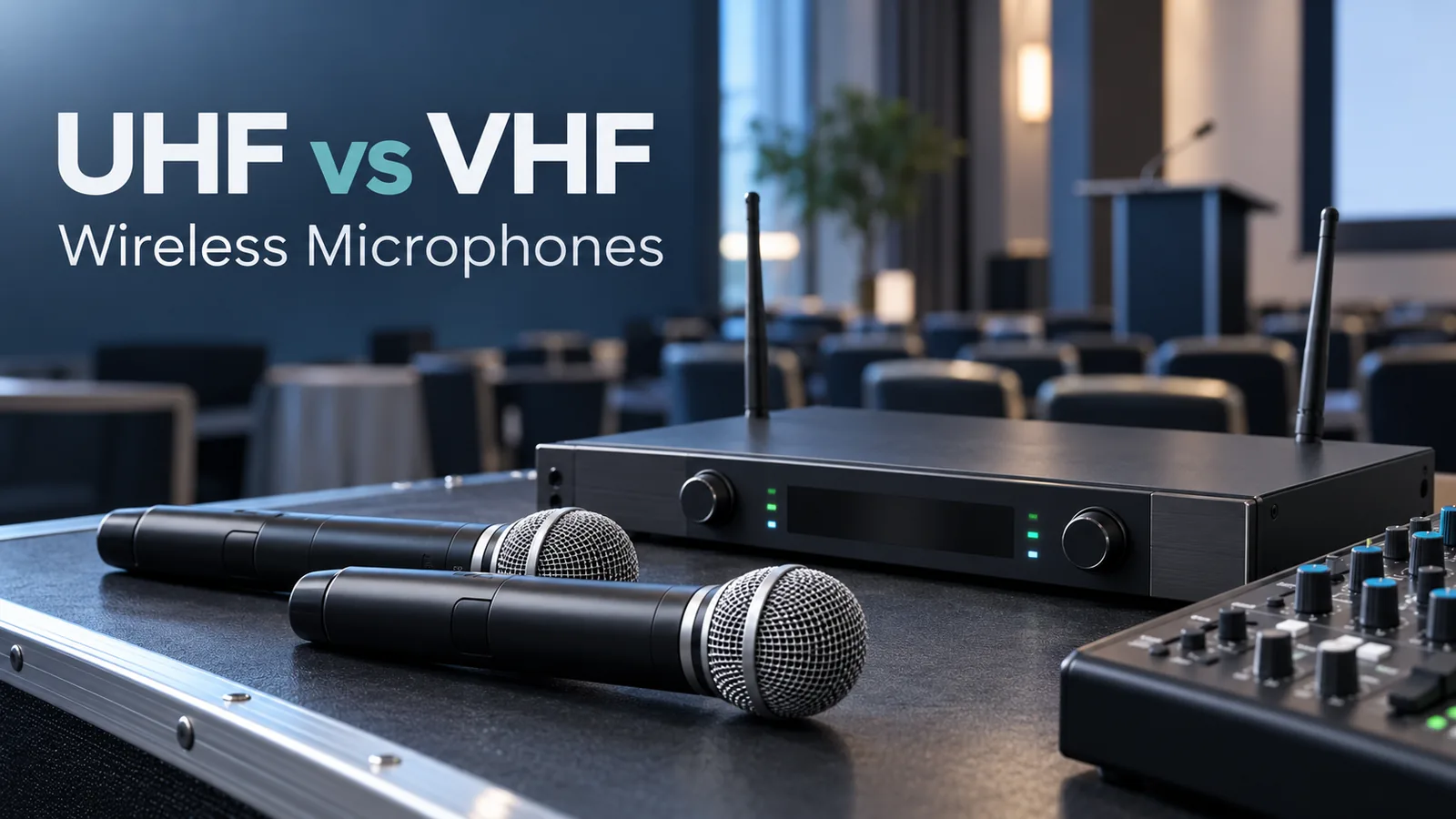 Two wireless handheld microphones and a receiver on an AV table in a conference venue.