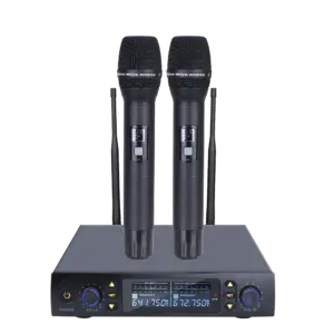 UR-52 wireless microphone system with two black handheld microphones and a dual-channel receiver