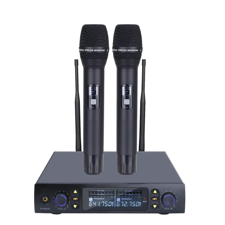 UR-52 wireless microphone system with two black handheld microphones and a dual-channel receiver
